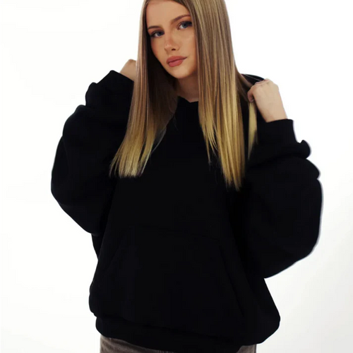 Black Mesh-Back Oversized Fleece Hoodie For Women | Panda Style