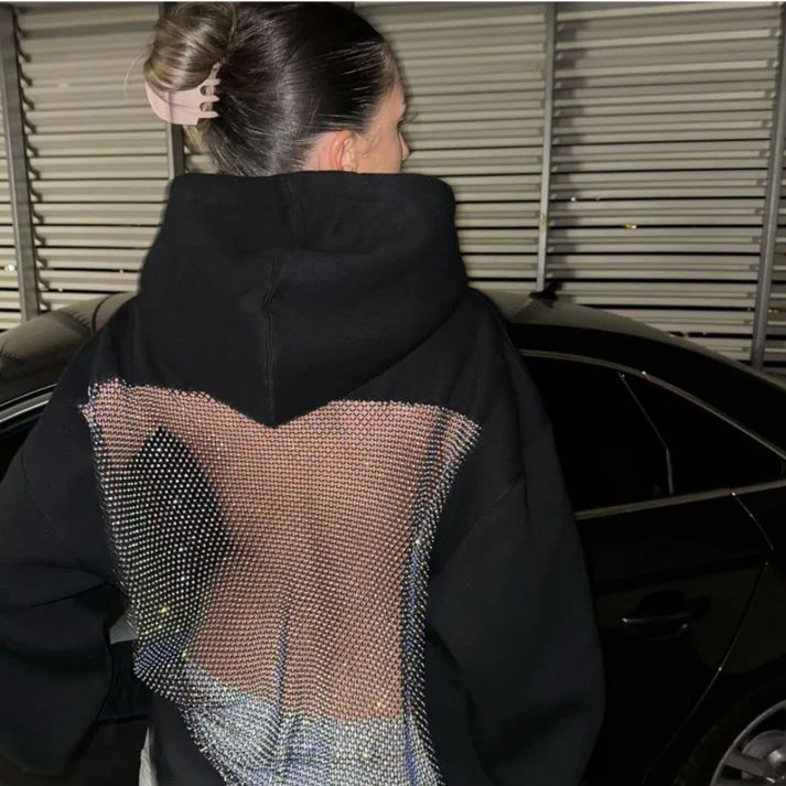 Black Mesh-Back Oversized Fleece Hoodie For Women | Panda Style