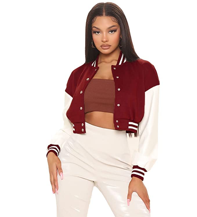 Crop Varsity Jacket/Stylish Jacket for Women/Crop Winter Jackets/Crop Letterman Jackets/Coat for Women/Coat for Maroon Women/Jackets