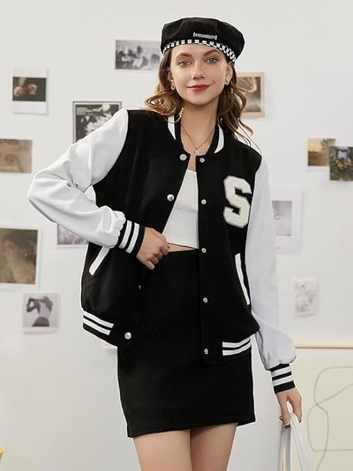 Women’s S Printed Bomber Jacket – Long Sleeve, Lightweight, Open Front Varsity Jacket Without Zip