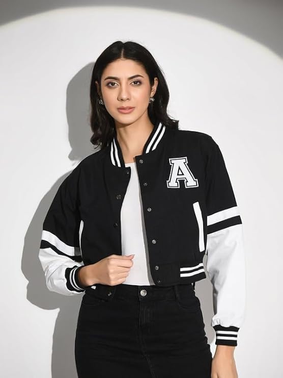 A Letter Cropped Jacket Black Varsity With Button Closure and Long Sleeves for Women