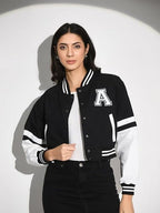 A Letter Cropped Jacket Black Varsity With Button Closure and Long Sleeves for Women