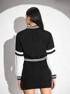 A Letter Cropped Jacket Black Varsity With Button Closure and Long Sleeves for Women
