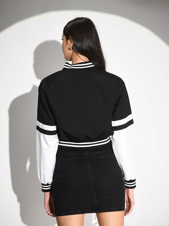 A Letter Cropped Jacket Black Varsity With Button Closure and Long Sleeves for Women