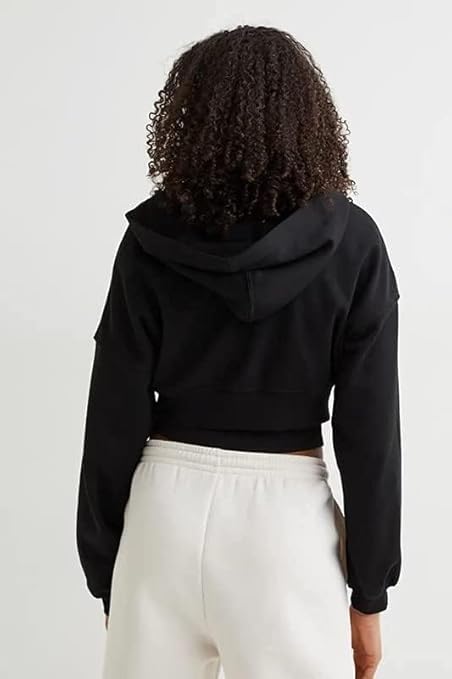 Panda Style Black Zipper Crop Fleece Hooded Jacket for Women