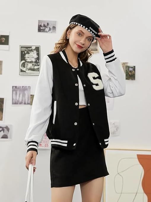 Women’s S Printed Bomber Jacket – Long Sleeve, Lightweight, Open Front Varsity Jacket Without Zip