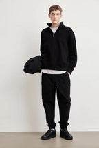 Solid Loose Fit Half Zip Sweatshirt Long Sleeves Winter Wear Hoodie for Men's Black