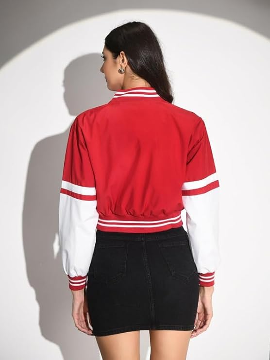 A Letter Cropped Jacket Red Varsity With Button Closure and Long Sleeves for Women
