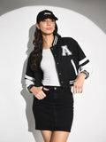A Letter Cropped Jacket Black Varsity With Button Closure and Long Sleeves for Women