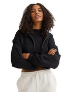 Panda Style Black Zipper Crop Fleece Hooded Jacket for Women