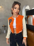 Women's Casual Crop P Letter Versity | Full Sleeves Button Orange Jacket's