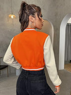 Women's Casual Crop P Letter Versity | Full Sleeves Button Orange Jacket's