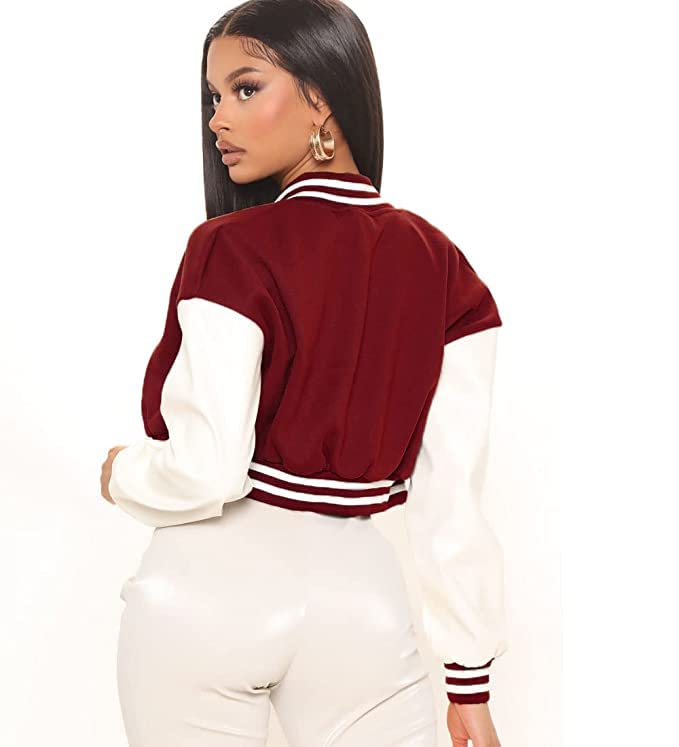 Crop Varsity Jacket/Stylish Jacket for Women/Crop Winter Jackets/Crop Letterman Jackets/Coat for Women/Coat for Maroon Women/Jackets