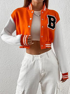 Women's Casual Crop B Letter Versity | Full Sleeves Button Burnt Orange Jacket's