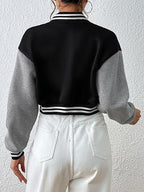 Women's Casual Crop B Letter Versity | Full Sleeves Button Black & Grey Jacket's