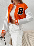 Women's Casual Crop B Letter Versity | Full Sleeves Button Burnt Orange Jacket's