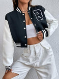 Women's Casual Crop B Letter Versity | Full Sleeves Button Black & White Jacket's