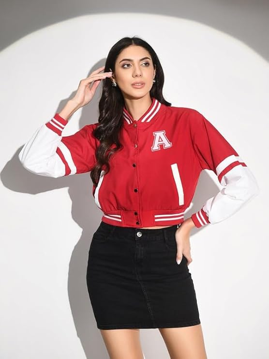 A Letter Cropped Jacket Red Varsity With Button Closure and Long Sleeves for Women