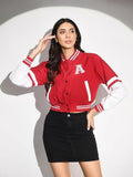 A Letter Cropped Jacket Red Varsity With Button Closure and Long Sleeves for Women