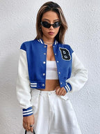 Women's Casual Crop B Letter Versity | Full Sleeves Button Blue and White Jacket's
