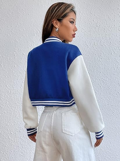 Women's Casual Crop B Letter Versity | Full Sleeves Button Blue and White Jacket's