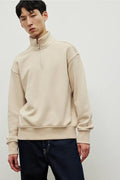 Solid Loose Fit Half Zip Sweatshirt Long Sleeves Winter Wear Hoodie for Men's Beige