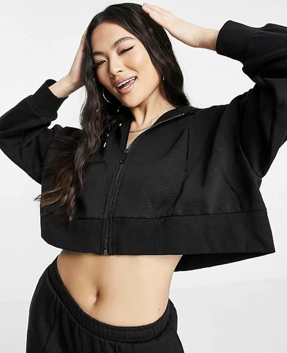 Panda Style Women’s Zipper Crop Hoodie | Black Fleece | Loose Fit Casual Wear