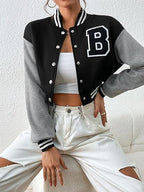 Women's Casual Crop B Letter Versity | Full Sleeves Button Black & Grey Jacket's