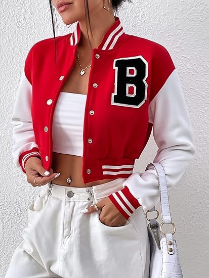 Women's Casual Crop B Letter Versity | Full Sleeves Button Red Jacket's