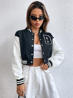 Women's Casual Crop B Letter Versity | Full Sleeves Button Black & White Jacket's
