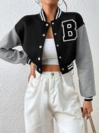 Women's Casual Crop B Letter Versity | Full Sleeves Button Black & Grey Jacket's
