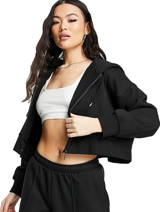 Panda Style Women’s Zipper Crop Hoodie | Black Fleece | Loose Fit Casual Wear