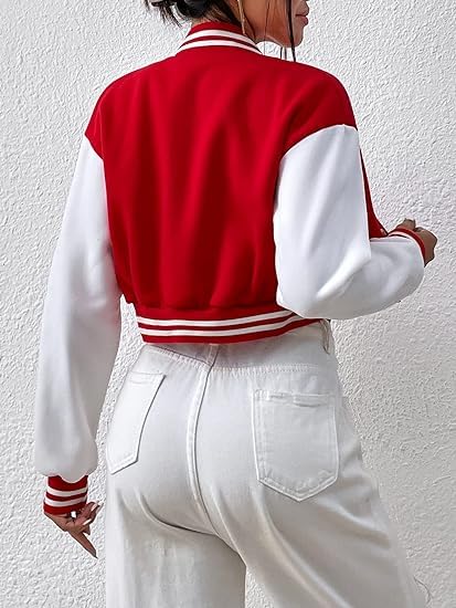 Women's Casual Crop B Letter Versity | Full Sleeves Button Red Jacket's
