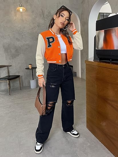 Women's Casual Crop P Letter Versity | Full Sleeves Button Orange Jacket's