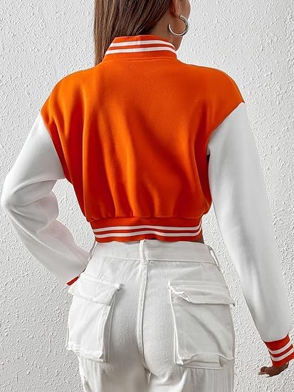 Women's Casual Crop B Letter Versity | Full Sleeves Button Burnt Orange Jacket's