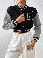 Women's Casual Crop B Letter Versity | Full Sleeves Button Black & Grey Jacket's