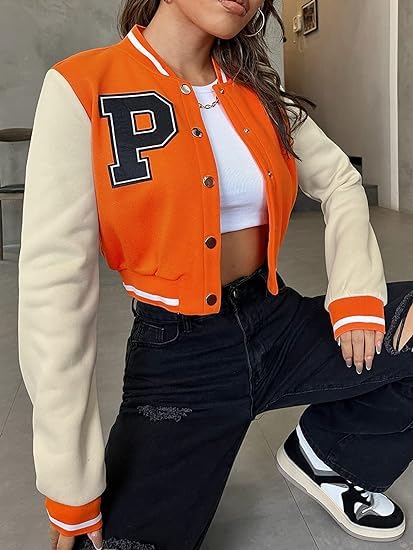 Women's Casual Crop P Letter Versity | Full Sleeves Button Orange Jacket's