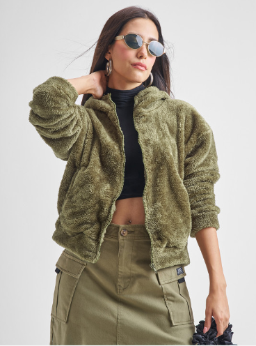 Green Fleece  Cozy Hooded Front Open Sweatshirt for Women