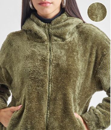 Green Fleece  Cozy Hooded Front Open Sweatshirt for Women
