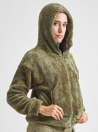 Green Fleece  Cozy Hooded Front Open Sweatshirt for Women