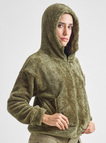 Green Fleece  Cozy Hooded Front Open Sweatshirt for Women