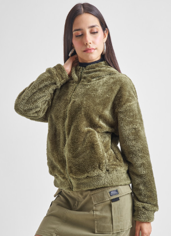 Green Fleece  Cozy Hooded Front Open Sweatshirt for Women